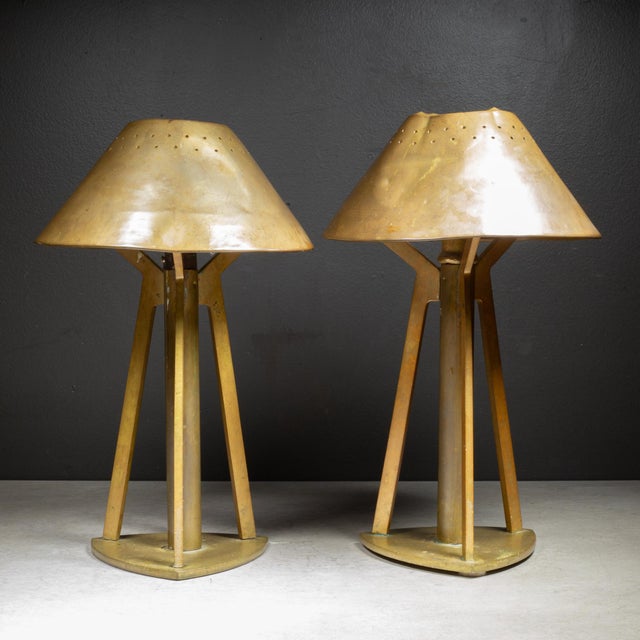ABOUT A pair of solid bronze brutalist tripod candlesticks holders with bronze plated perforated shades and removable...