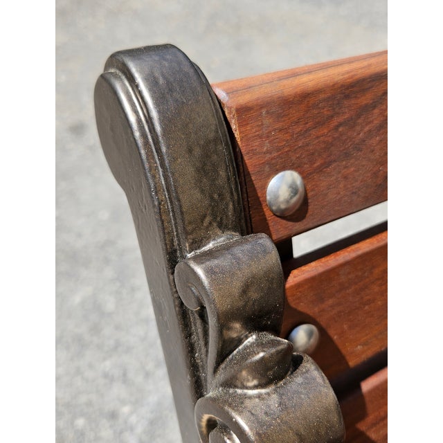 1950s Attributed Restored Woodstock, Vermont Bench Mfg. Co. Cast Iron Garden Bench With Oiled Ipe Slats (Bronze Finish) For Sale - Image 4 of 12