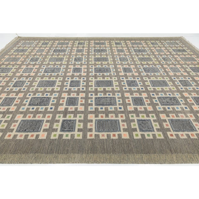 Nordic Geometric Handmade Wool Flatweave Rug in Charcoal, Off-White, and Pastels For Sale In New York - Image 6 of 12