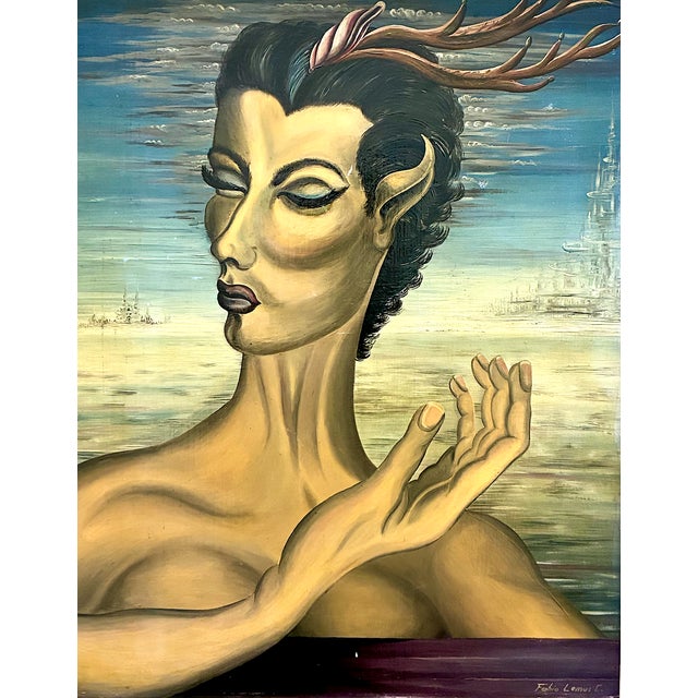 This painting is a distinguished example of vintage surrealism by Fabio Lemus, a mid-century artist working in Chile noted...