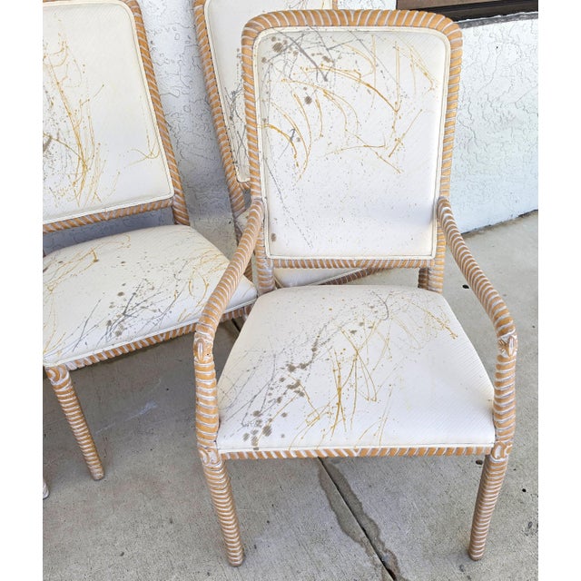 Coastal Carved Faux Rope Solid Wood Dining Chairs Abstract Upholstery Set of 6 For Sale - Image 9 of 18
