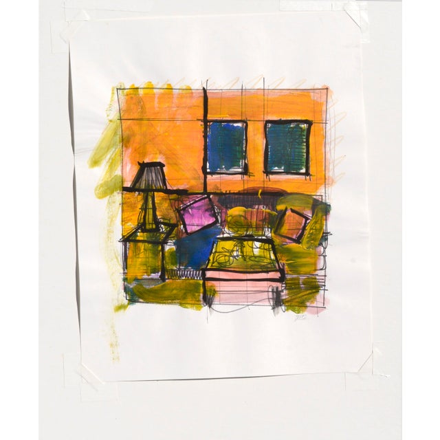 Bright and expressive interior scene in a cubist style with a warm and bright color palette of orange, green, blue, and a...