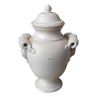 Ivory Lacquered Urn with Lid and Scroll Handles For Sale