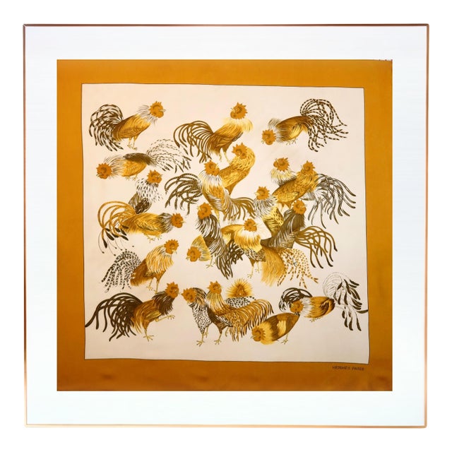 Framed Hermès Silk Scarf "Les Coqs" by Madame La Torre, 1964 - Orange Gold Frame For Sale