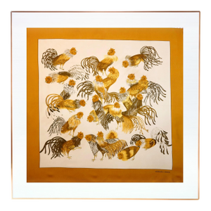 Framed Hermès Silk Scarf "Les Coqs" by Madame La Torre, 1964 - Orange Gold Frame