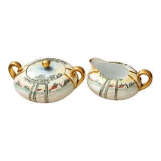 Early 20th Century French La Seynie Limoges Hand Painted Landscape Creamer and Sugar Bowl Set Signed Ramsay For Sale