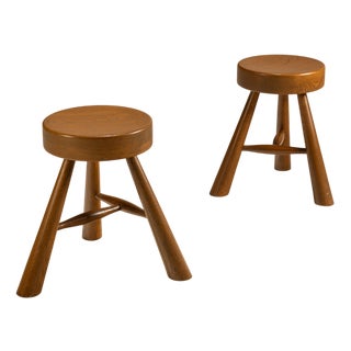 Three-Legged Stools in Ash in the style of Charlotte Perriand, 1970s, Set of 2 For Sale