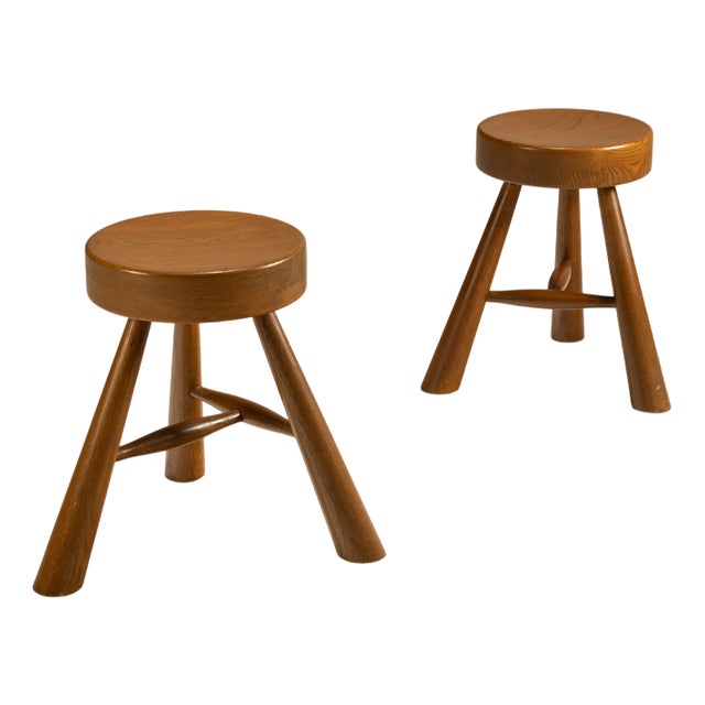 Three-Legged Stools in Ash in the style of Charlotte Perriand, 1970s, Set of 2 For Sale