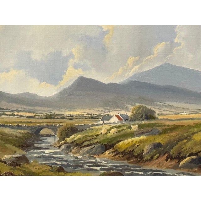 Painting of Mountain Cottages by River in Ireland by 20th Century Irish Artist 1990 Circa For Sale - Image 4 of 18
