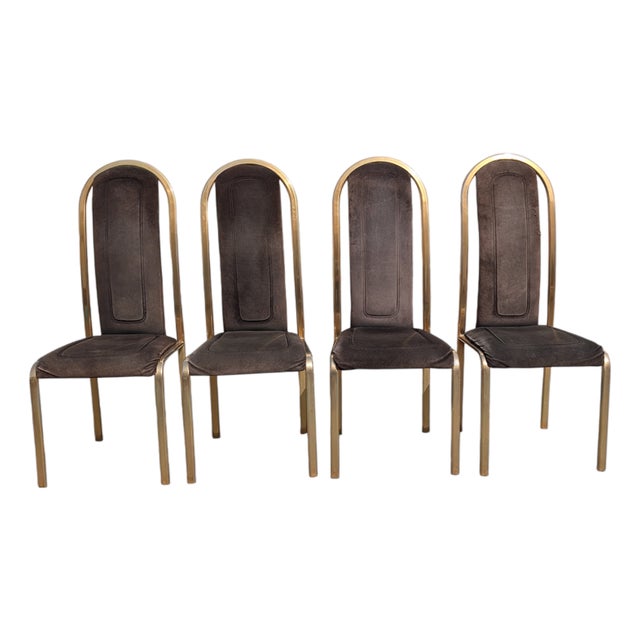 Fabric and Brass Chairs, 1970s, Set of 4 For Sale