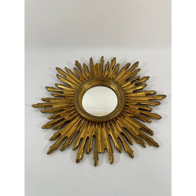 Mid-Century Modern Vintage 1970s French Gilded 13.5" Sunburst Wall Mirror For Sale - Image 3 of 18