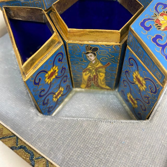 Peking Seven Hexagonal Cloisonné Enameled Trinket Boxes in Original Fabric Box For Sale - Image 9 of 12
