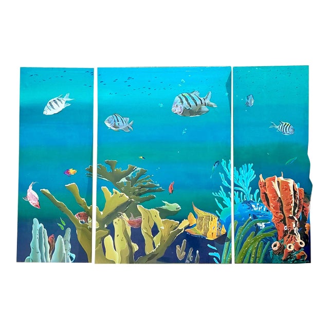 Vintage Monumental Paul Youngblood Original Undersea Oil Tryptic on Canvas For Sale