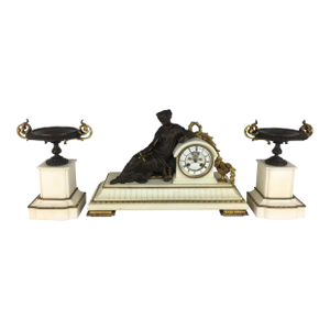 19th Century Neoclassical Gilded Bronze and White Marble Mantel Clock Set