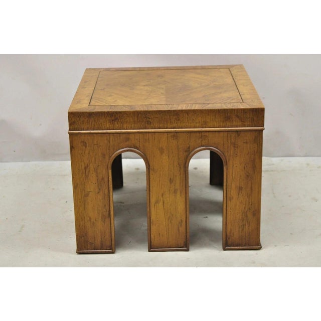 Vintage Drexel Wellington Collection Arched Hollywood Regency Burl Wood Pedestal Side Table. Item features multiple legs,...