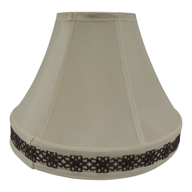 Silk Ecru Color Lampshade With Vegan Brown Leather Trim For Sale