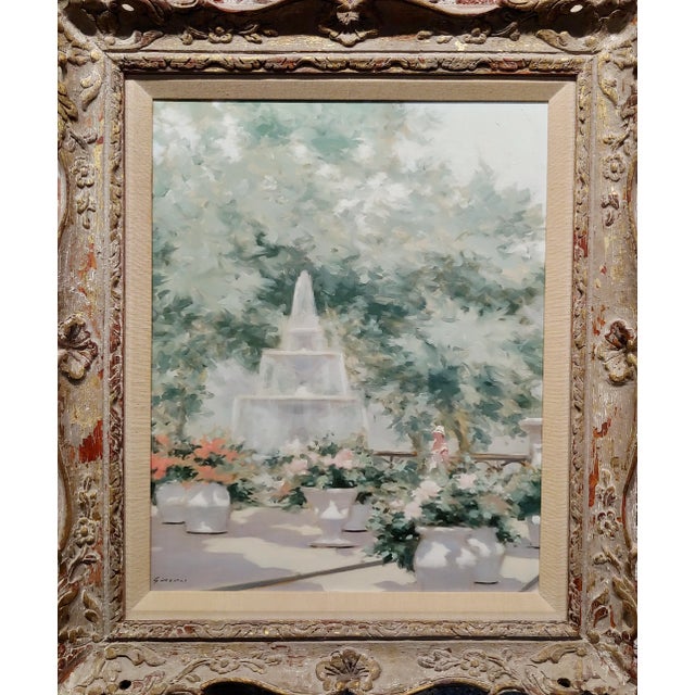 Andre Gisson -Young Woman near the Fountain at the Park-Oil painting Impressionist oil painting on canvas - signed -circa...