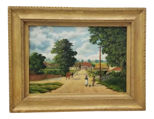 Early 20th Century "Country Road Landscape W/ Figures" Oil Painting by H. Mallett