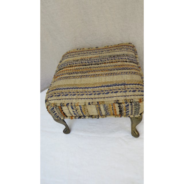 Mid 20th Century Vintage Textured Striped Footstool Brass Colored Metal Legs 1970's For Sale - Image 5 of 11