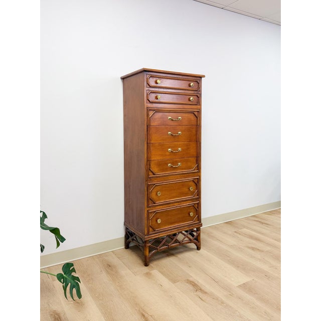 This stunning vintage Ficks Reed faux bamboo lingerie chest is a genuinely exceptional Hollywood Regency bedroom find....