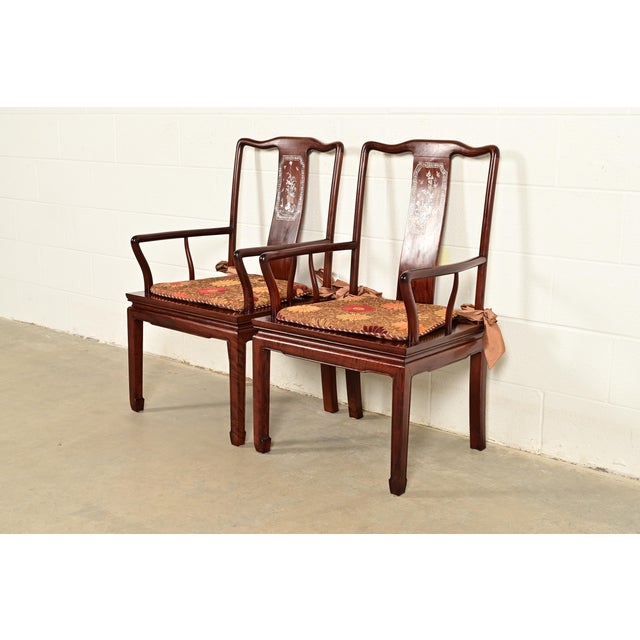 Chinoiserie Antique Chinese Carved Rosewood Armchairs With Mother of Pearl Inlay, Circa 1890s For Sale - Image 3 of 15