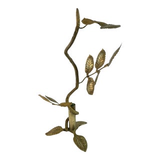 Vintage Brutalist Gilt Metal Jere Style Bud Vase With Leaf Design For Sale