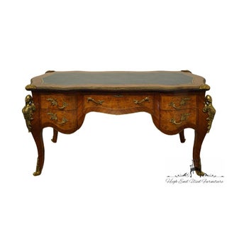 Vintage French Provincial Louis XV Burled Walnut & Kingwood Bureau Plat / Executive Desk W. Tooled Leather Top & Gilt Figural Mounts For Sale