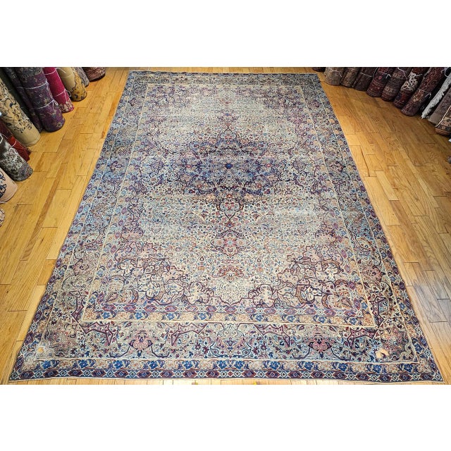 19th Century Oversized Persian Kerman Lavar Rug, Hand-Knotted Wool, Floral Pattern, Ivory & Blue,11x17 For Sale - Image 11 of 18