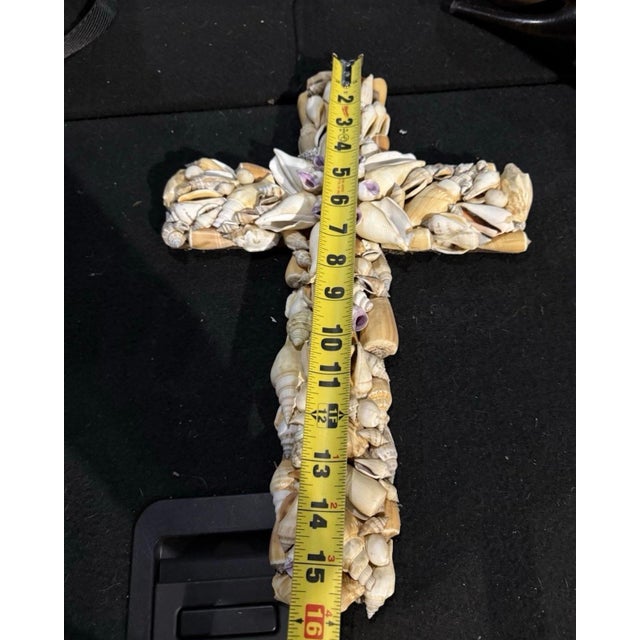 Abstract 1950s Beautiful Handmade Sea Shell Crucifix Cross 16" Height, 11” Wide, Wall Decor For Sale - Image 3 of 4