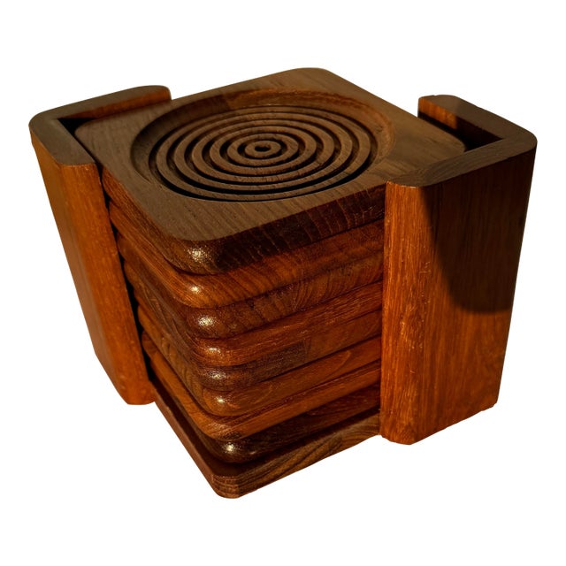 1970s Danish Modern Teak Coaster Set With Holder- 9 Pieces For Sale