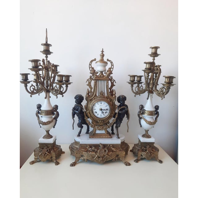 Lancini Clock with Louis XVI Style Candlesticks, 1940s, Set of 3 For Sale - Image 10 of 18