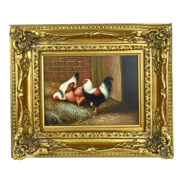 Mid 20th Century Farmhouse Style "The Hen House" Chicken & Rooster Oil Painting by H. Hoppe Germany For Sale