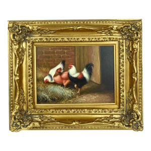 Mid 20th Century Farmhouse Style "The Hen House" Chicken & Rooster Oil Painting by H. Hoppe Germany