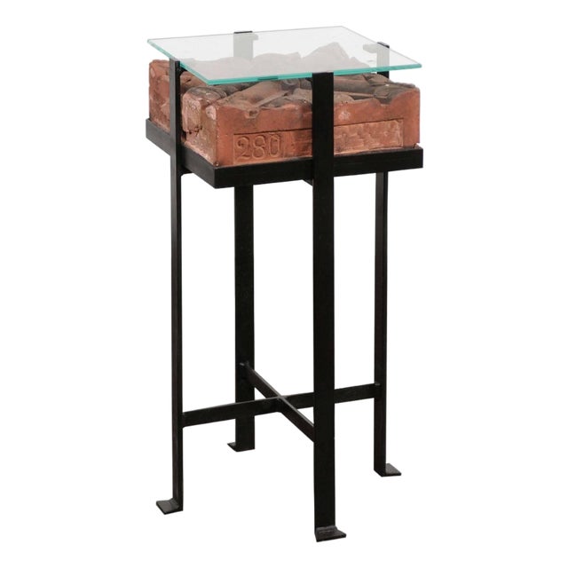 Contemporary Side Table with Antique Italian Red Brick Top and Custom Iron Base For Sale