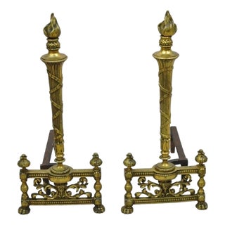 Antique French Empire Style Flame Finial Brass and Cast Iron Andirons - A Pair For Sale