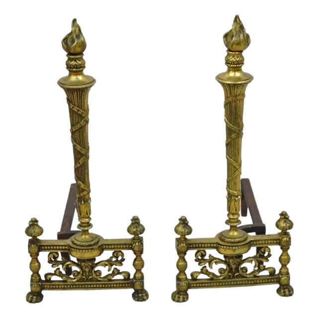 Antique French Empire Style Flame Finial Brass and Cast Iron Andirons - A Pair For Sale