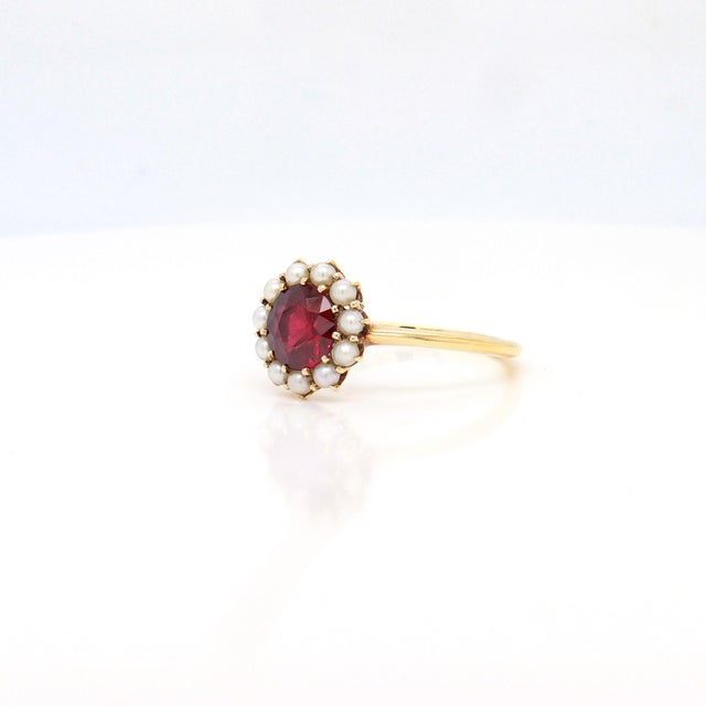 Metal Signed Mid-Century Jones & Woodland 14k Gold, Garnet, and Seed Pearl Ring For Sale - Image 7 of 13