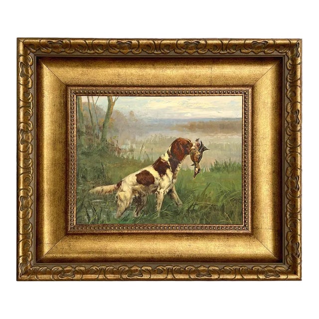 "Setter and a Ruddy Duck" Contemporary Reproduction Print on Canvas in Wide Antiqued Gold Frame. An 8x10" Framed to 14x16" For Sale