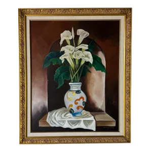 Domingo Russo Still Life With Calla Lily - Oil on Canvas Painting, Framed
