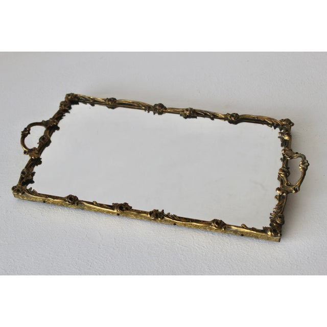 Mid-Century Modern Vintage Mid-Century Rectangle German Style Floral Design Brass Frame Mirror Vanity Tray For Sale - Image 3 of 15