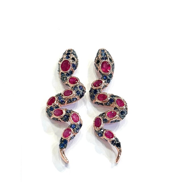 Bochic “Orient” Vintage Ruby & Sapphire Serpent Earrings Set 18K Gold & Silver For Sale - Image 14 of 15