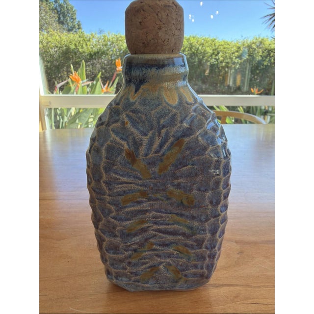 1980s Signed Studio Pottery Flask 7.5” Blue & Amber Textured Art Pottery w Cork For Sale - Image 4 of 7