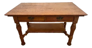 Antique American Empire Desk Two Drawers Quarter Sawed Tiger Oak Bottom Shelf