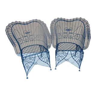 Vintage Salterini Style Wire Blue Patio Chairs - Set of 2 For Sale