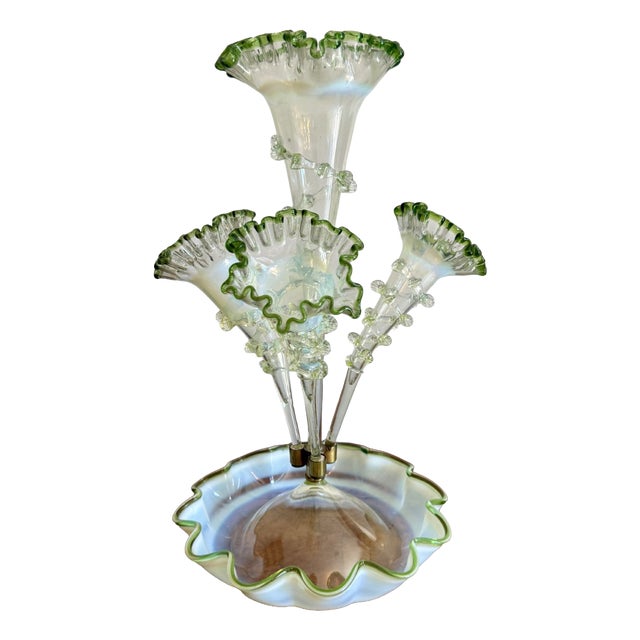 Antique Vaseline and Green Glass Epergne, 1880 For Sale
