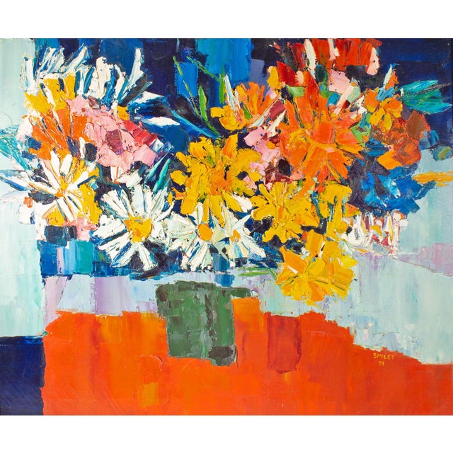 A 1973 oil on canvas still life painting by American artist Sidney Smiley (1912-2002). This painting depicts a vase of...