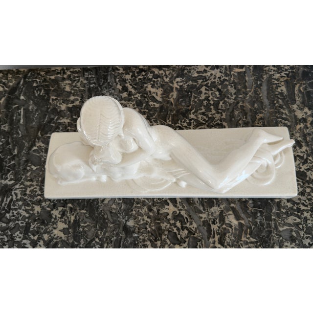 1930s Art Deco Sculpture of Woman with a Doe in Crackle-Glazed Ceramic by Charles Lemanceau, 1930s For Sale - Image 5 of 7