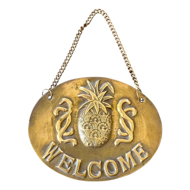Vintage Solid Brass Pineapple “Welcome” Door Plaque With Chain – Southern Hospitality Motif For Sale