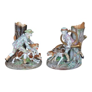 Set of Two Porcelain Hunting Dog Vases. Germany, Early 20th Century. For Sale