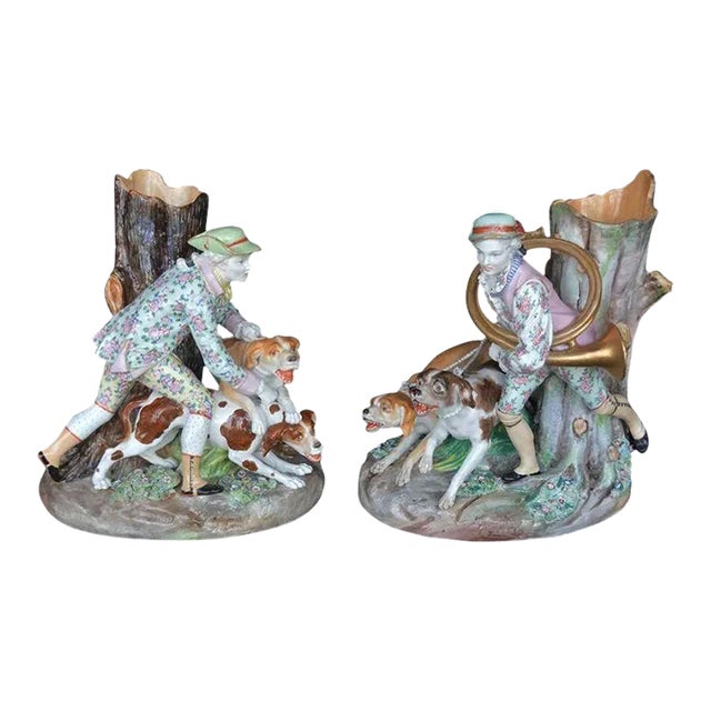 Set of Two Porcelain Hunting Dog Vases. Germany, Early 20th Century. For Sale